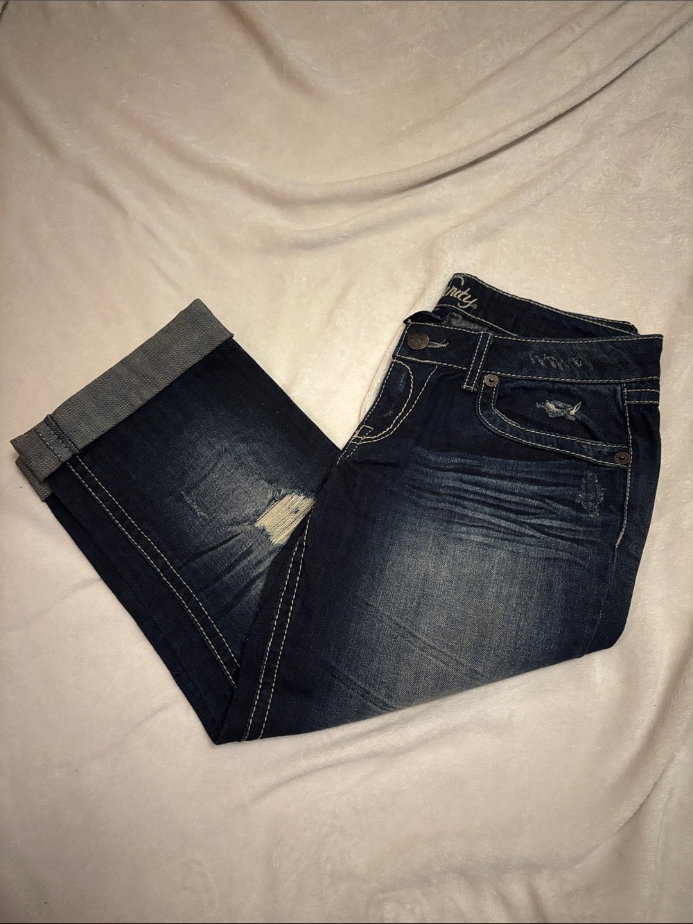 Vanity Dark Blue capri Jeans with Distressed Detail